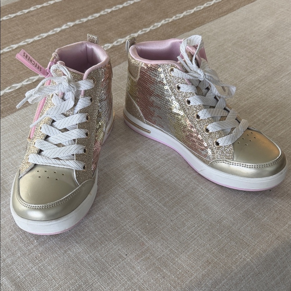 Skechers Girls' Sequin High-Top Sneakers in Gold and Pink